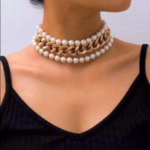 SET OF 3 Choker Necklaces! 2 Pearl 1 Chunky Cuban Link!